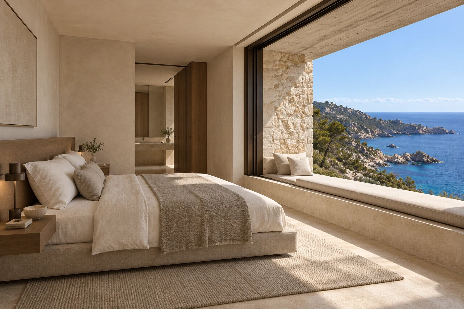 Primary suite — Casa Cava, AI-assisted conceptual visualization