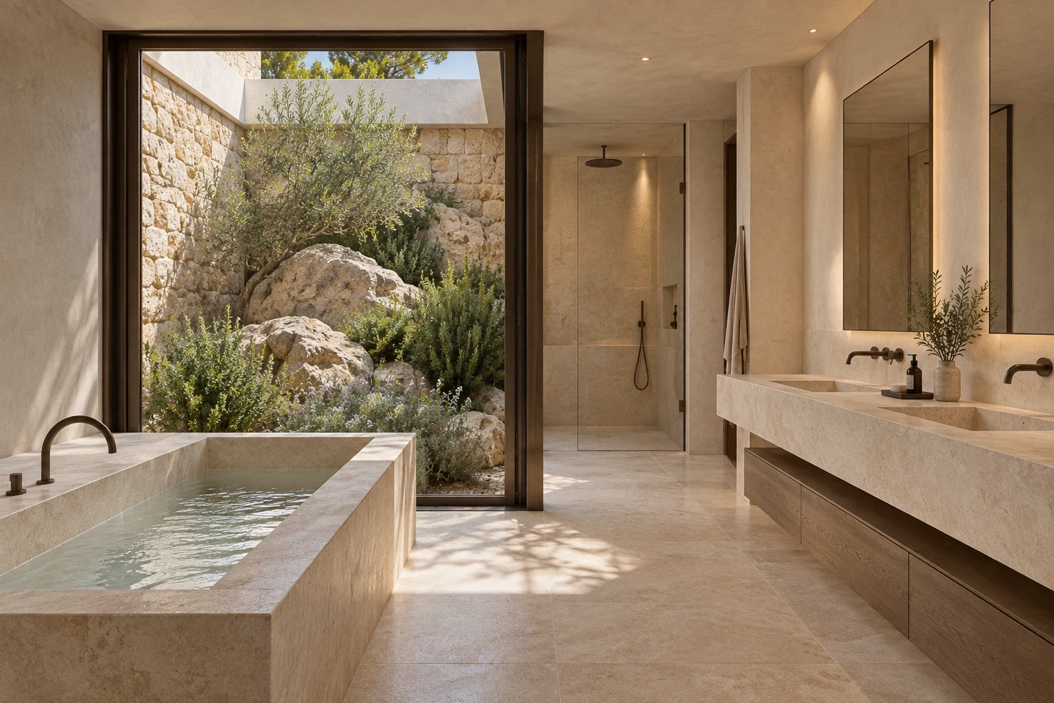 Primary bathroom — Casa Cava, AI-assisted conceptual visualization