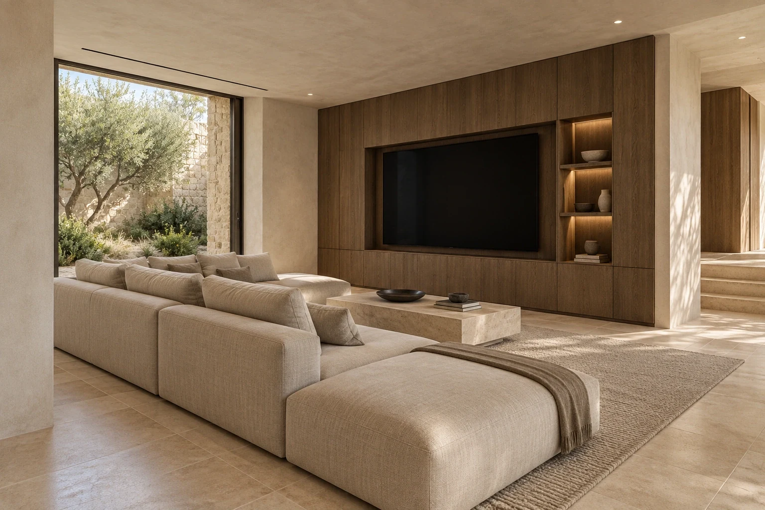 Family / media lounge — Casa Cava, AI-assisted conceptual visualization