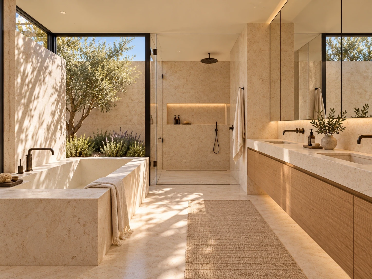Primary bathroom — Casa Levante, AI-assisted conceptual visualization
