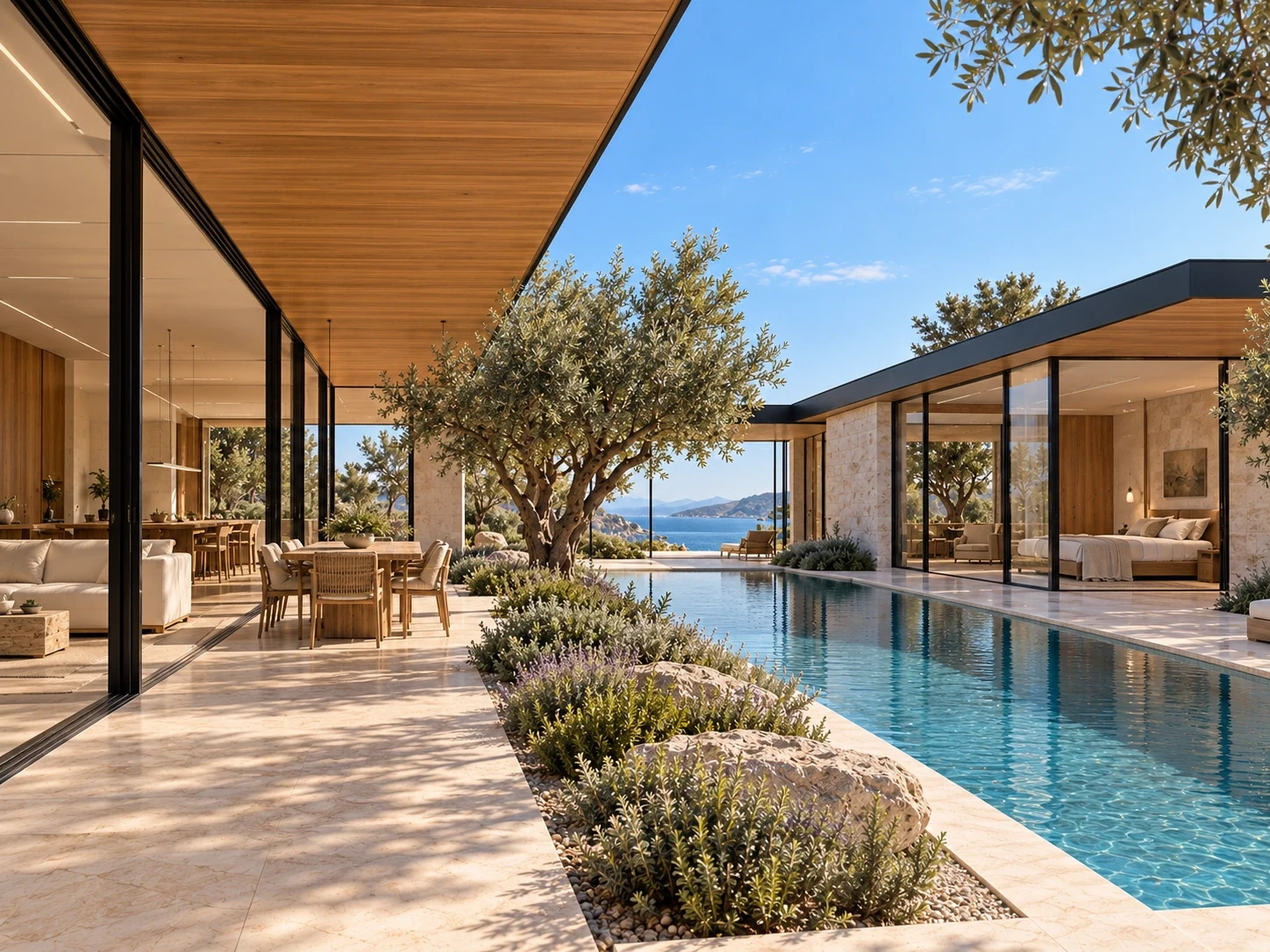 Pool terrace / dining — Casa Levante, AI-assisted conceptual visualization