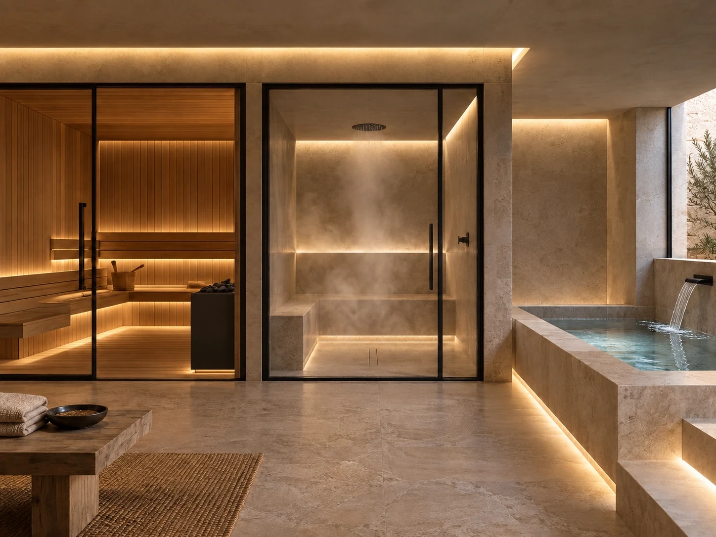 Sauna & steam suite — Casa Orizzonte conceptual study