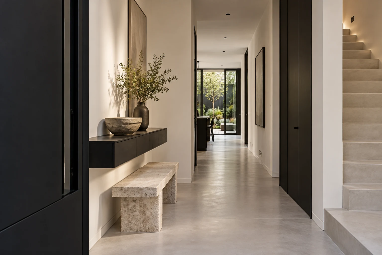 A quiet arrival in white plaster and black stone — MAISON NOIRE conceptual visualization