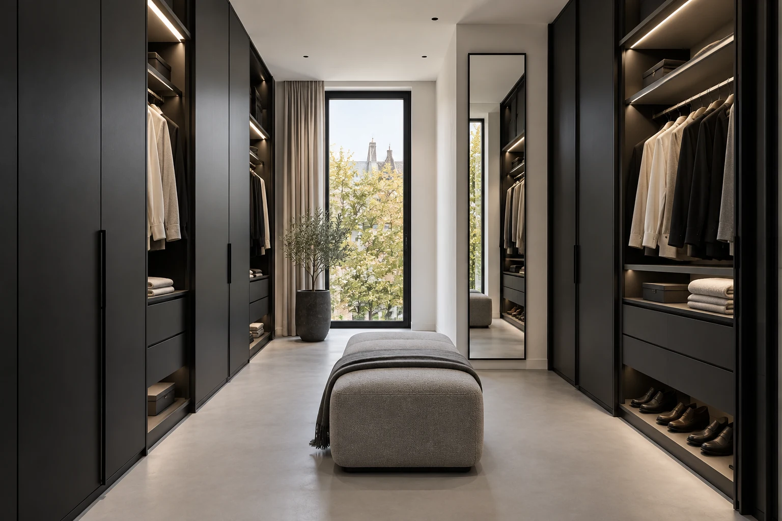Tailored storage adjoining the primary suite — MAISON NOIRE conceptual visualization