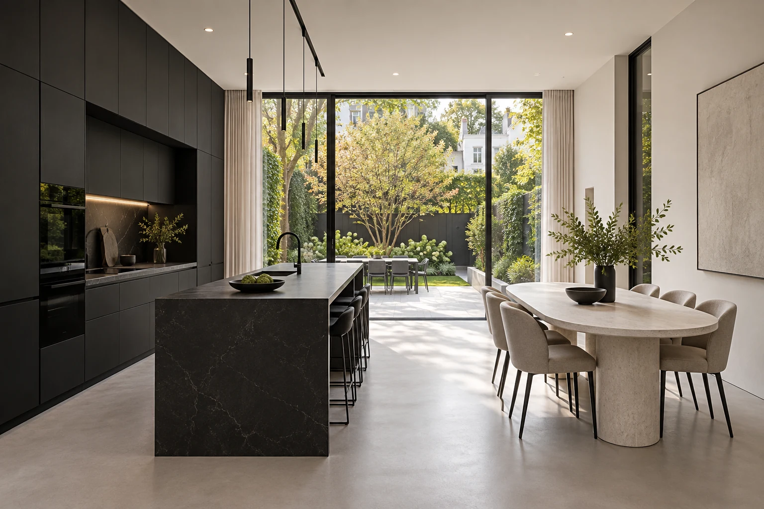 A black kitchen opening to the garden — MAISON NOIRE conceptual visualization