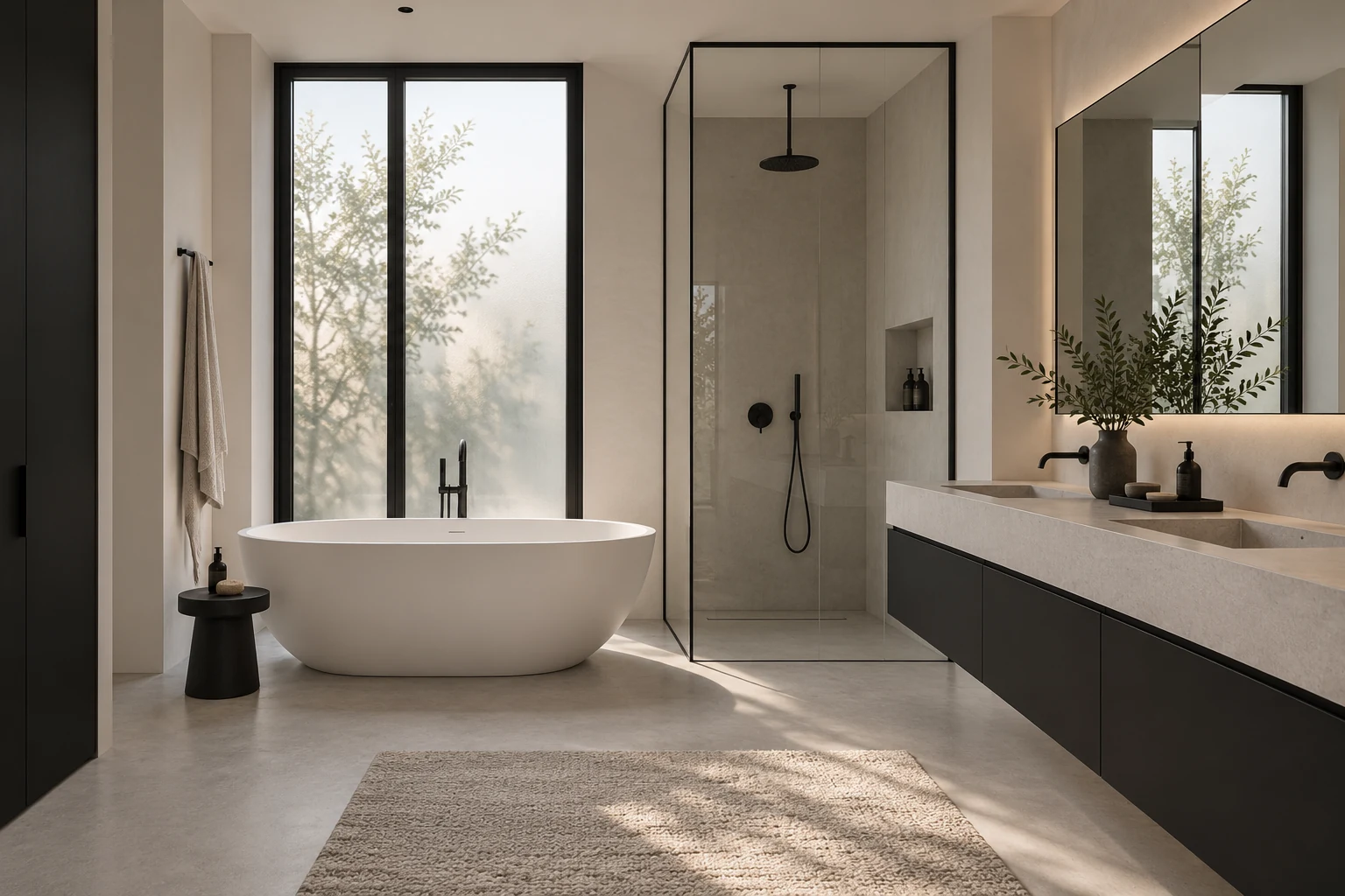 A sculptural bath and generous walk-in shower — MAISON NOIRE conceptual visualization