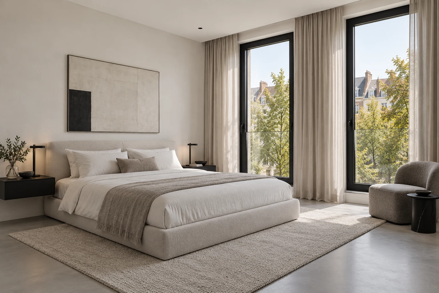 The primary suite in calm neutral tones — MAISON NOIRE conceptual visualization