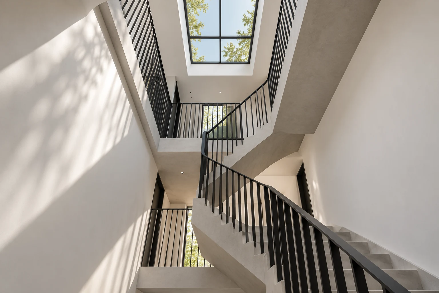 Daylight drawn through the central stair — MAISON NOIRE conceptual visualization