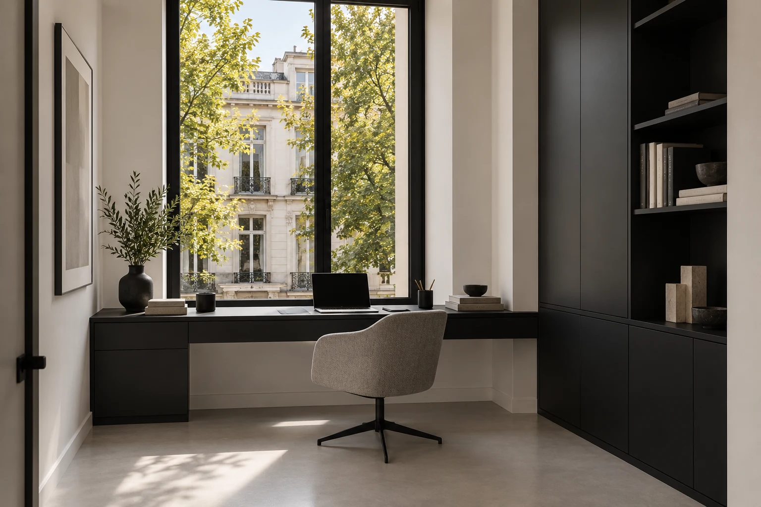 A daylight-filled study for focused work — MAISON NOIRE conceptual visualization