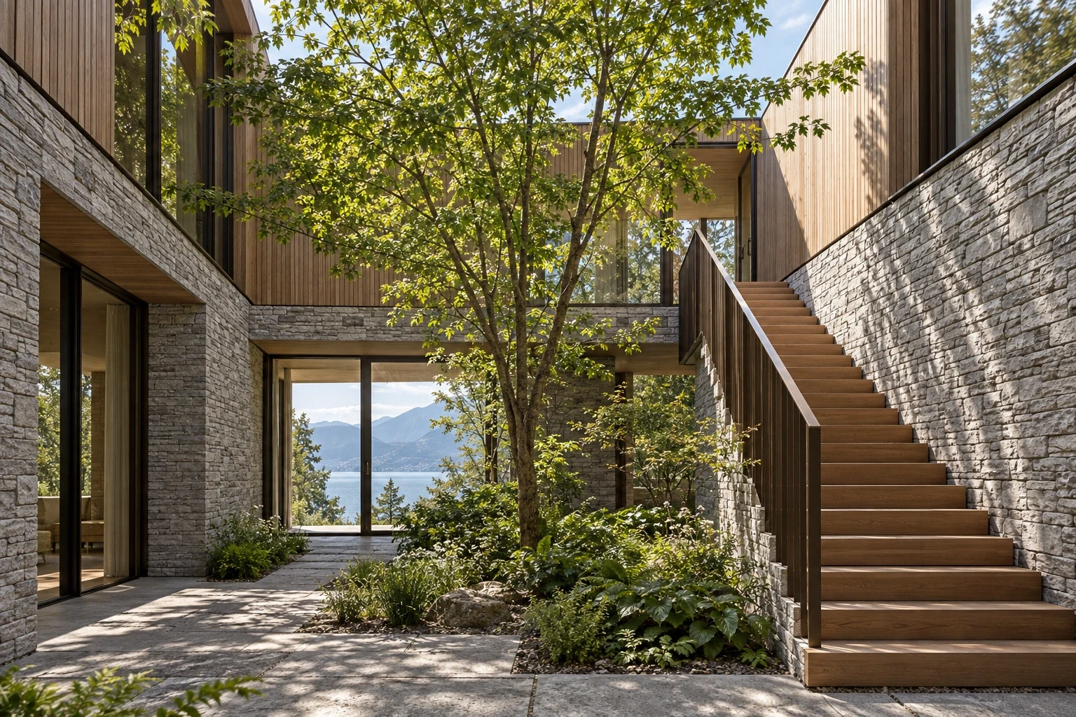 Planted light court and stair — RIVE HAUTE conceptual visualization
