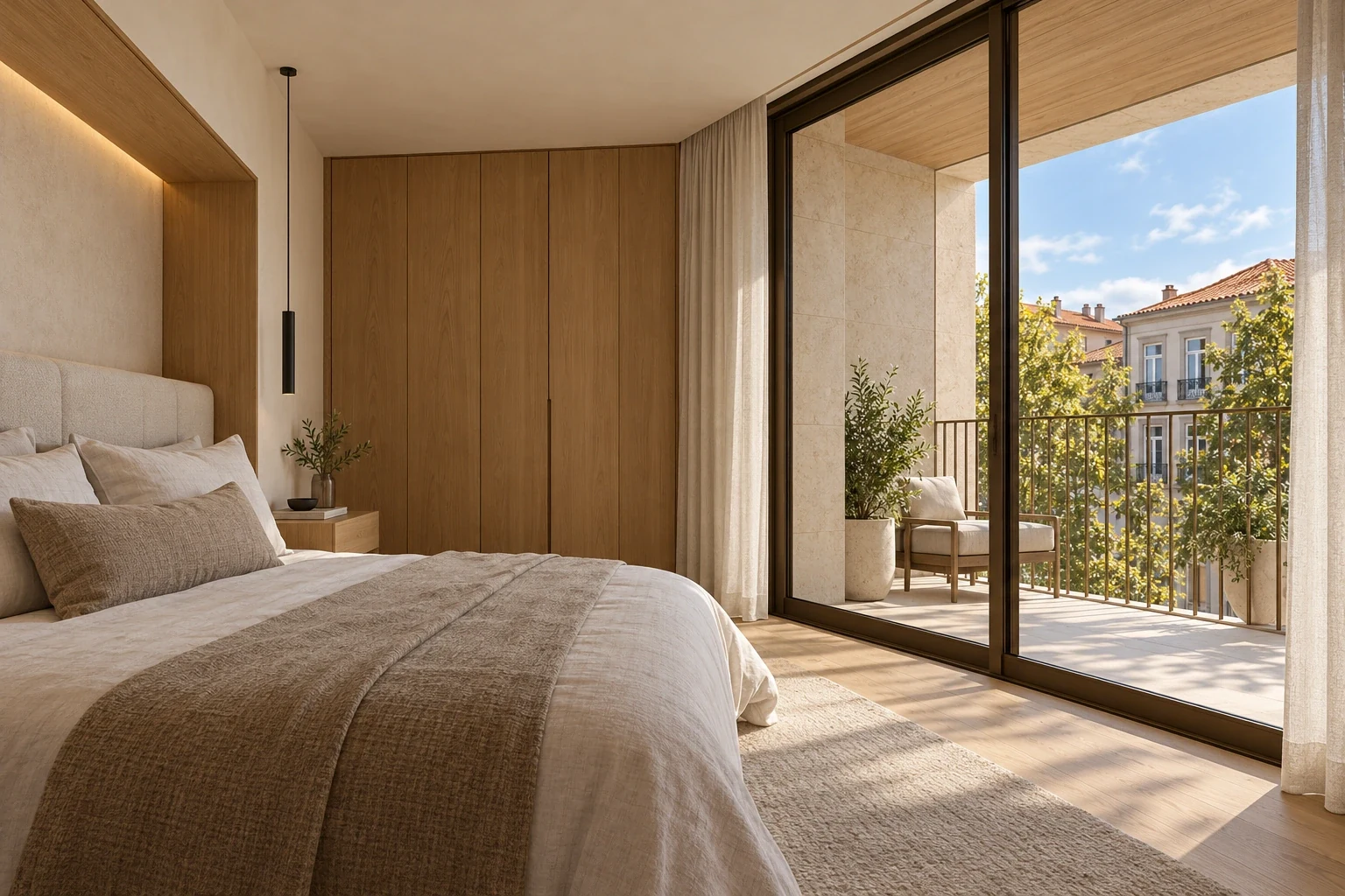 Apartment D — primary bedroom — RUA 07 conceptual visualization