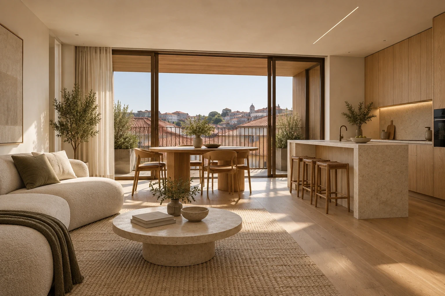 Apartment E — living, dining and kitchen — RUA 07 conceptual visualization