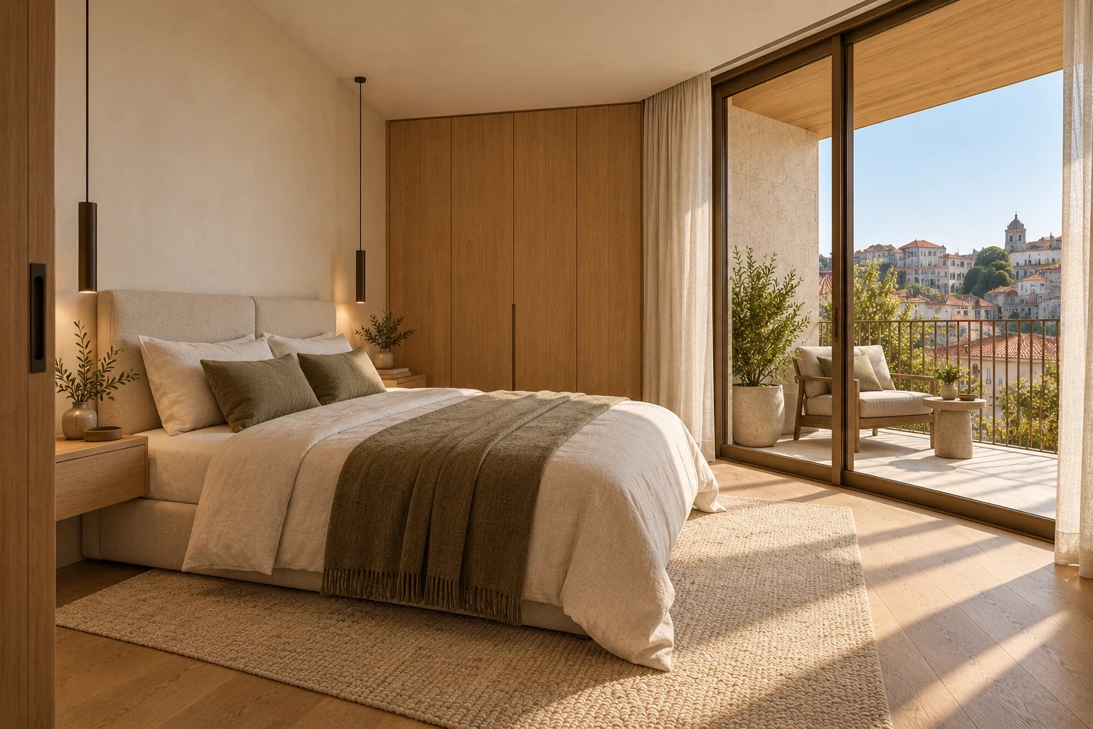 Apartment E — primary bedroom — RUA 07 conceptual visualization